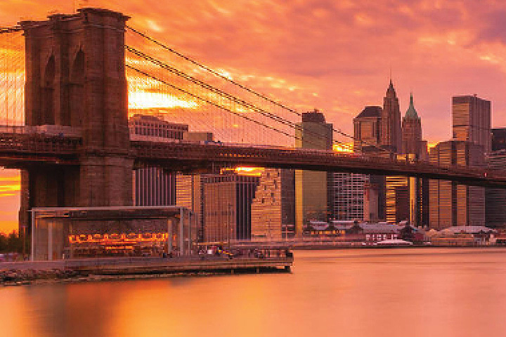 Walk through the Brooklyn Bridge at the Sunrise in the Morning